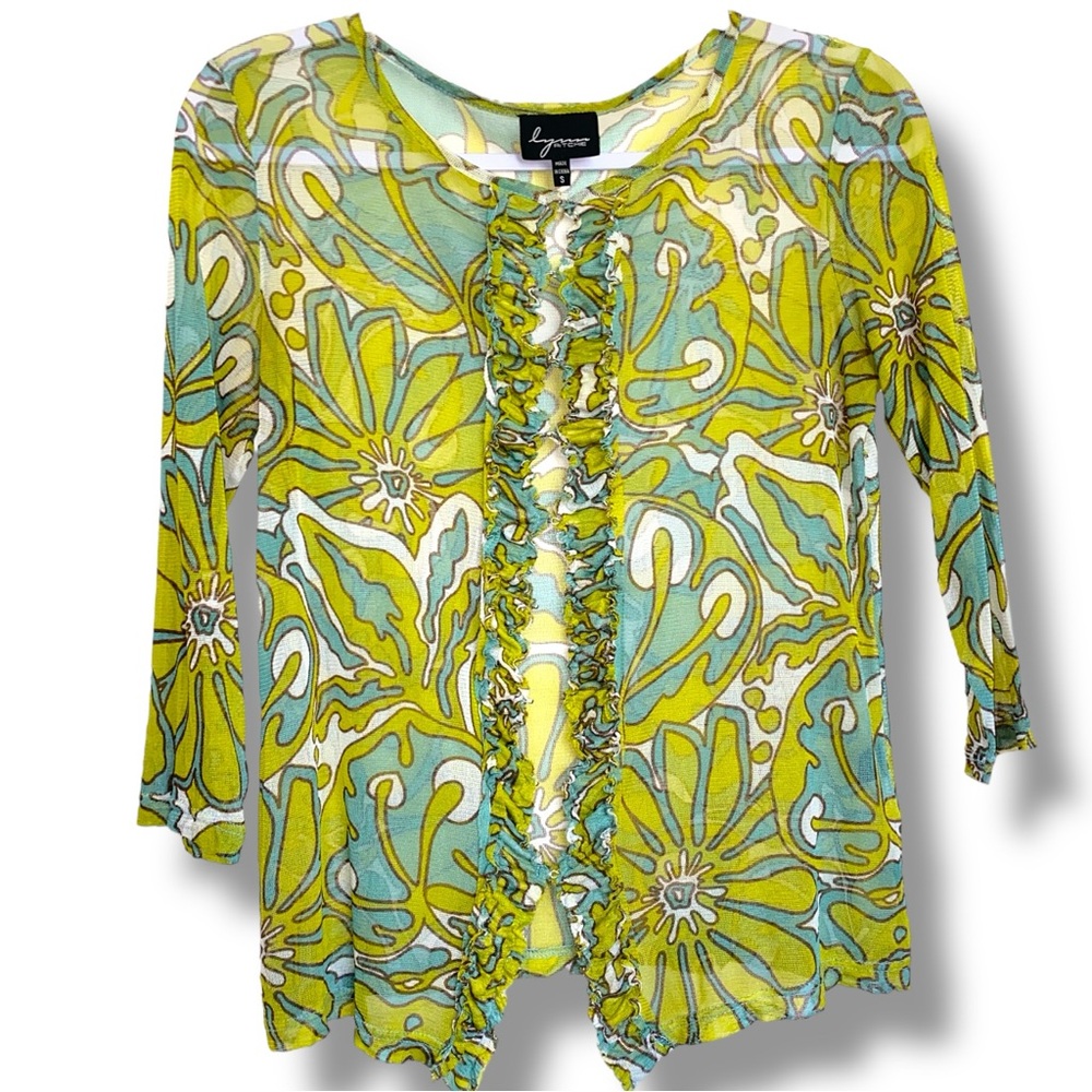 Lynn Ritchie 100% Silk 70s Inspired Floral Hook Cardigan Ruffle Trim Crew Sm